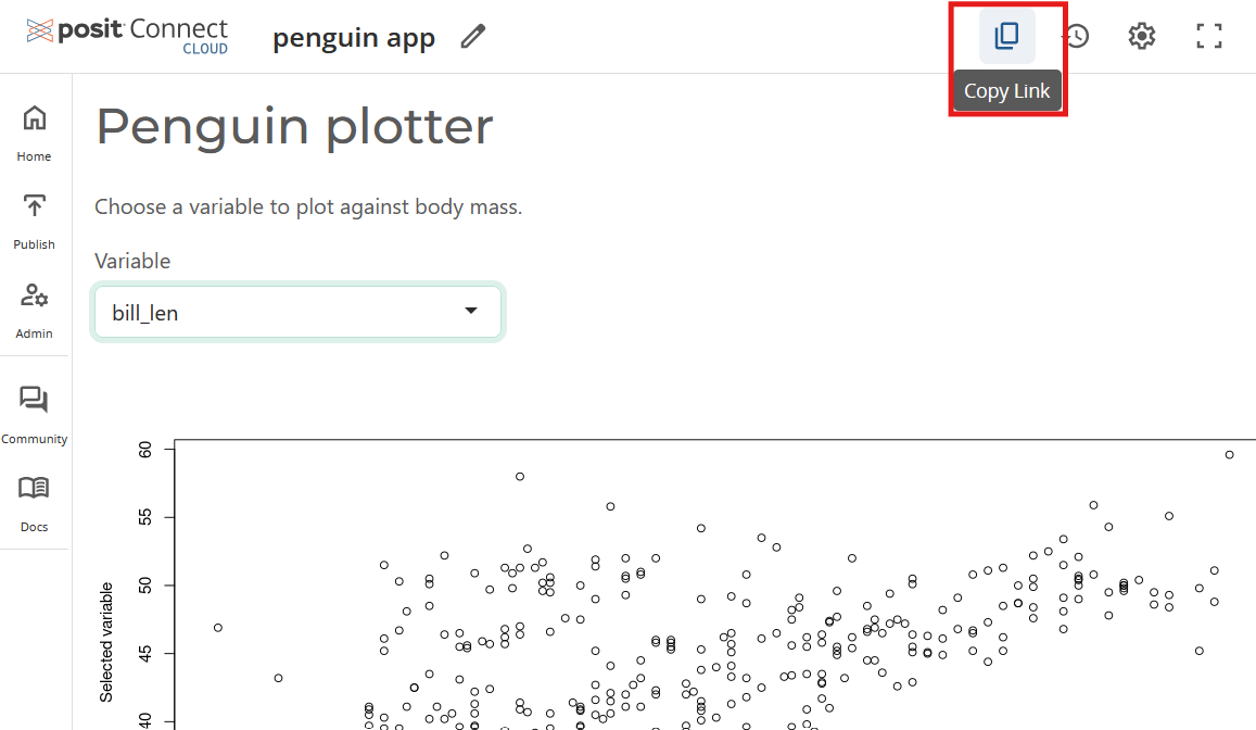 Screenshot of admin interface on Posit Connect Cloud, with button to copy link highlighted.